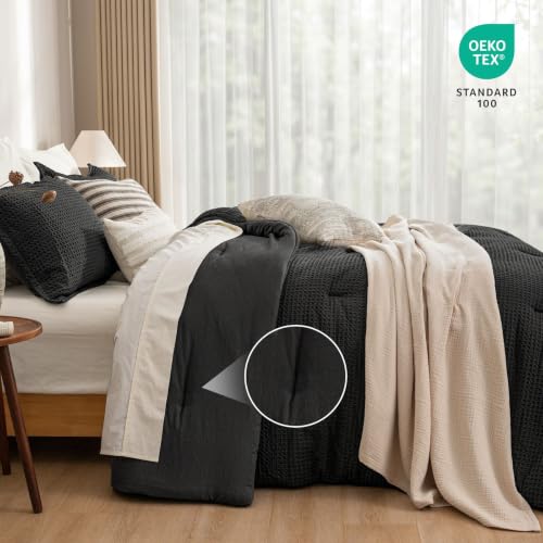 Queen Waffle Comforter Set - Ultra-Soft Microfiber, Black, 3 Pieces