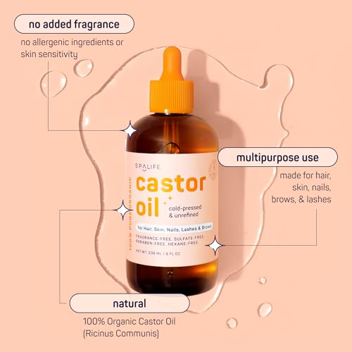 SpaLife Organic Cold Pressed Castor Oil for Face, Brows, Hair, Skin, Nails, & Lashes | Hexane Free Cold Pressed Castor Oil & 2x Brow Brushes, 2x Lash Line Applicators, and Dropper | 8 FL OZ