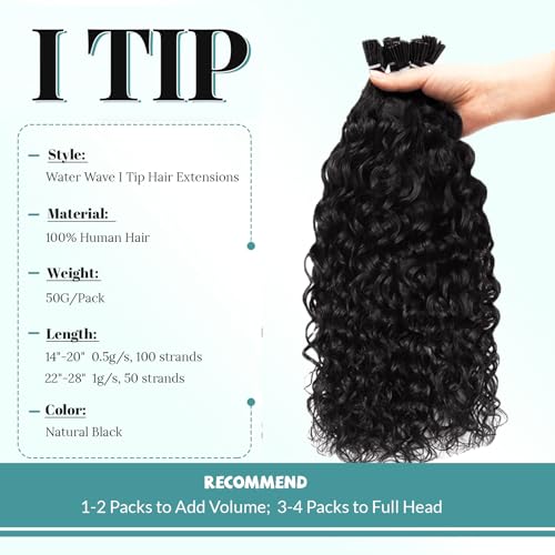 Water Wave Human Hair Extensions I Tip 16 Inch 50G Natural Black Micro Link