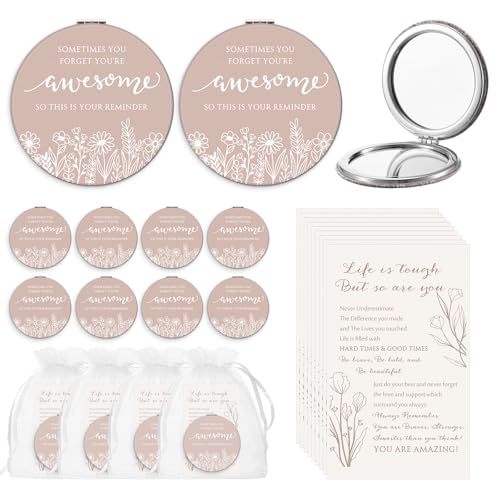 CroBlissful Inspirational Gifts for Women Bulk 12 Set - Classic Double-Sided Makeup Mirrors with Quotes & Organza Bags