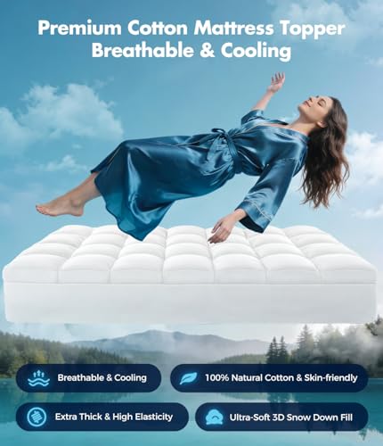 Queen Cotton Mattress Topper - Extra Thick Pillow Top Bed Pad