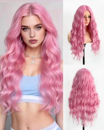 Aida ble Long Pink Wavy Wig for Women 28-Inch Synthetic Hair - Middle Part - Variation Pink