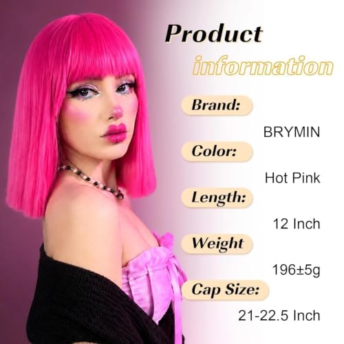 Pink Hot Bob Wig for Women - Short Synthetic Straight Wig with Bangs, Adjustable Fit