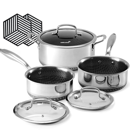 Hybrid Nonstick Pot Set with 1.5 Qt & 2 Qt Saucepan, 5 Qt Stock Pot with Lid - Silver