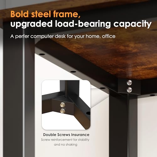 47 Inch Rustic Brown Computer Desk with Black Metal Frame, Modern Simple Design