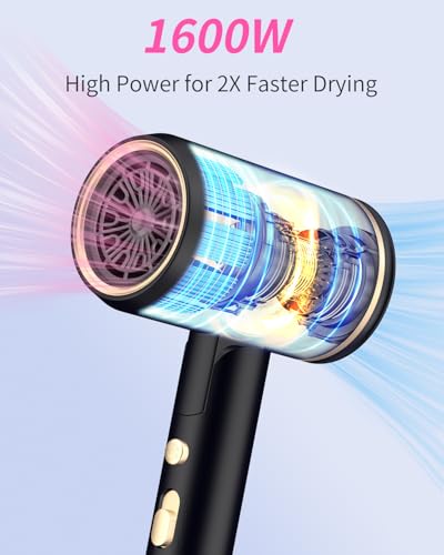 Dxliwky Black Foldable 1600W Ionic Hair Dryer with Diffuser & Concentrator, Travel-Ready