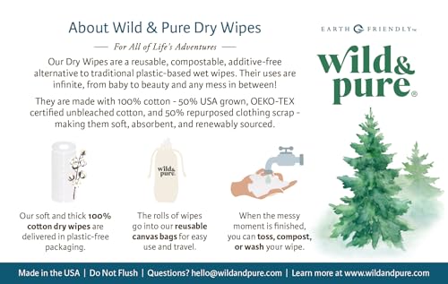 Wild & Pure 30 Pack Cotton Reusable Baby & Travel Wipes with Dispenser Bag, 5 Sets