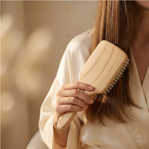 TRENFI 100% Boar Bristle Paddle Hair Brush with Red Oak Handle - Detangling & Styling