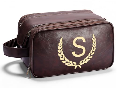 Personalized Men's Toiletry Bag - Custom PU Leather Waterproof Travel Kit with Initial - Tea Brown, Small (S)