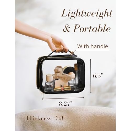 Yarnic Clear Travel Makeup Bag Transparent Portable Toiletry Bags Two Compartments Cosmetic Bag with Handle Nylon and PVC Makeup Organizer Pouch Black