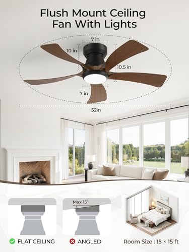 Brown 52 Inch Flush Mount Ceiling Fan with Lights, APP & Remote Control