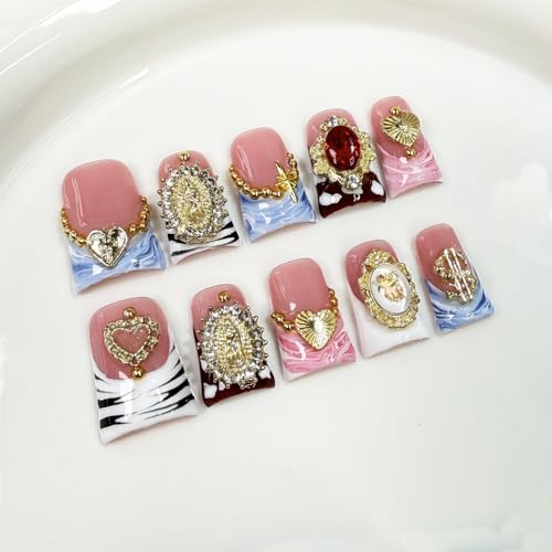 Handmade Press on Nails Kit Heart Fake Nail with Luxury 3D Rhinestone Designs Gradient French Tip Muti-Layer Gel Acrylic Nails Short Square False Nails Golden Embossed Stick on Nail for Women (Size S)