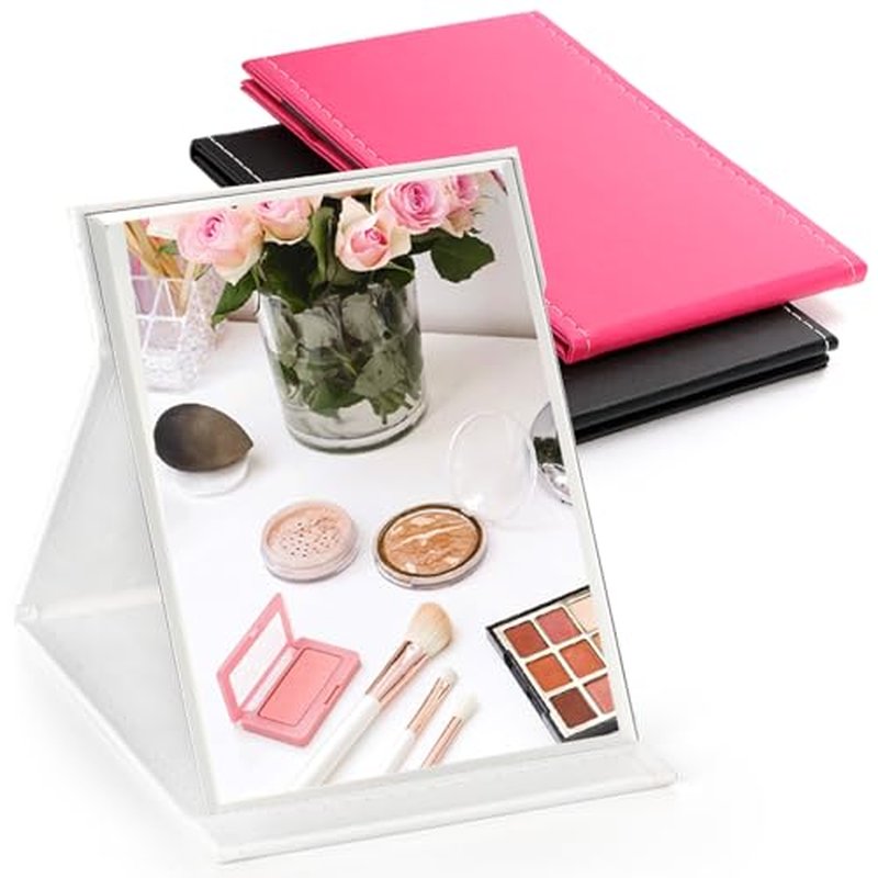 Goaste 3 Pack Portable Folding Makeup Mirror with Stand, 8x6 Inches PU Leather Travel Vanity Mirror, Adjustable Office Tabletop Mirror for Cosmetics Personal Beauty, Assorted Colors