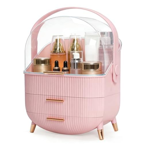 Makeup Organizer with Drawers & Lid - Portable Large Cosmetic Storage Case for Vanity Countertop, Travel, Gift for Women, Girls, 11"¡¿7"¡¿15", Pink