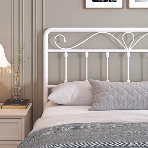 Full Size Metal Headboard for Bed Frame - White Victorian Style, Adjustable Height