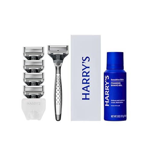 Harry's Obsidian Chrome Shaving Kit for Men - Razor Handle, 5 Refills & Gel