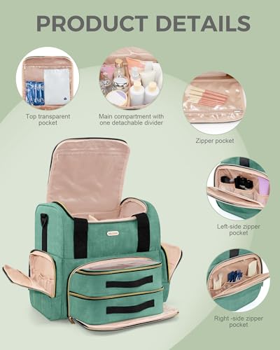 Large Travel Makeup Bag with Removable Cases - Green, Double Layer Organizer