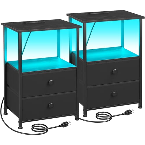 Set of 2 Nightstands with LED RGB Lights and Charging Stations - Black Variation