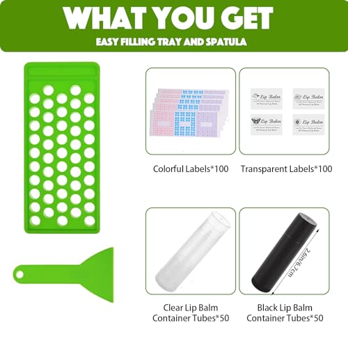 100 Pack Lip Balm Tubes with Filling Tray, Spatula & Labels - DIY Kit (Black & Clear)