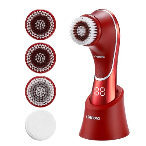 Facial Cleansing Brush, Electric Face Scrubber, Facial Cleansing Brush Rechargeable IPX-7 Waterproof Rotating Face Scrubber for Exfoliating, Massaging and Deep Cleansing with 4 Brush Heads