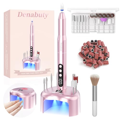Cordless Electric Nail Drill File: 35000RPM Professional Nail Drill Machine with UV LED Nail Lamp Charging Base, Manicure Pedicure Kit E File for Acrylic Gel Dip Powder Polish Pink