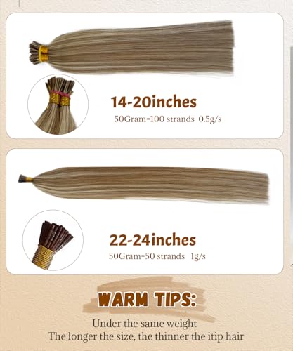 Human Hair Extensions Balayage Brown to Blonde 14 Inch 50g - Seamless I Tip, Ultra Soft, Long Hair
