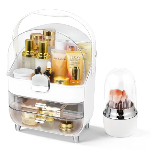 Large Makeup Organizer with Drawers & Rotating Brush Holder - Vanity Storage Case