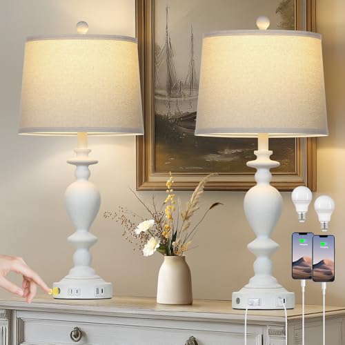 28-Inch White Farmhouse Table Lamps Set of 2 with USB-C & AC Outlet - Dimmable Touch, Vintage Rustic Living Room and Bedroom Lighting - Variation: White-1