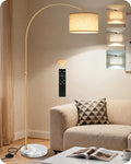 75-Inch Dimmable Gold Arc Floor Lamp with Marble Base - Beige, Adjustable Height, Remote