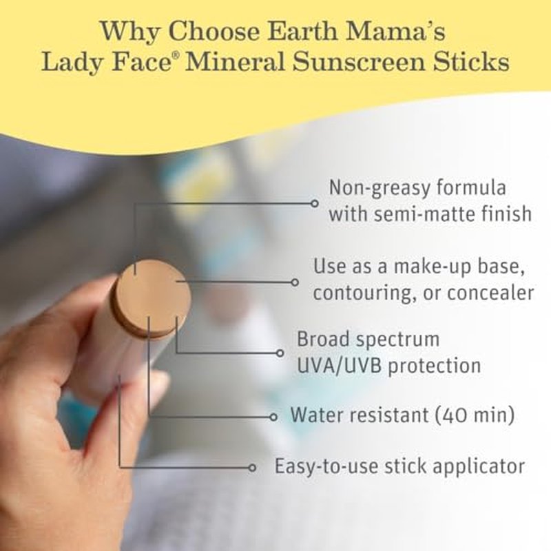 Earth Mama Lady Face¢ç Tinted Mineral Sunscreen Face Stick SPF 40 Light/Medium Tint | Contains Organic Shea & Cocoa Butter | Foundation + Concealer Blends with Most Skin Tones