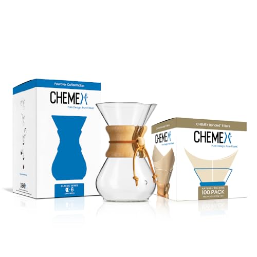 Chemex 6-Cup Classic Series Coffee Maker Bundle with 100 Square Filters