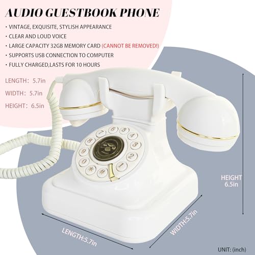 FiayaCom Audio Guest Book Wedding Phone with One-Touch Playback & Adjustable Volume (White S)