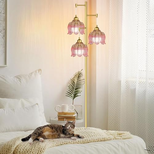 QIYIZM 14- Floor Lamp Pink Mid Century Modern 3-Head Brass Tree Floor Lamp