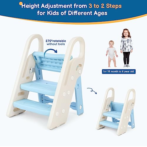 Blue Foldable Toddler Step Stool with Handles - Adjustable 3-Step Bathroom & Kitchen Ladder