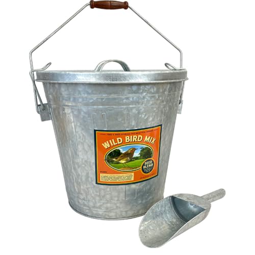 Galvanized Steel Bird Seed Storage Bin with Locking Lid & Scoop - Rustic Farmhouse Design, 16.5 Quarts / 25 Pounds Capacity