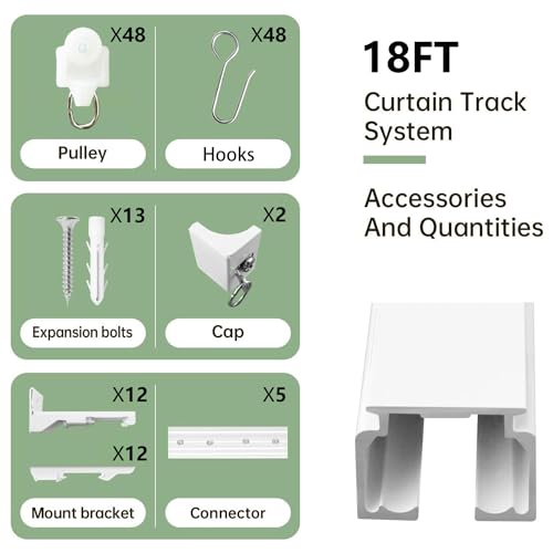White 18FT Ceiling Curtain Track Set Wall & Ceiling Mount Sliding Rails with Hooks