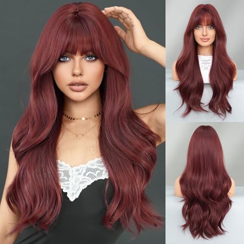 TRUMOST Wine Red Wavy Wig 28 Inch Burgundy Synthetic Heat-Resistant Hair for Women