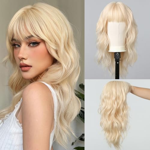 Blonde Wigs for Women 22 Inch Platinum Curly Wig with Bangs Synthetic Hair