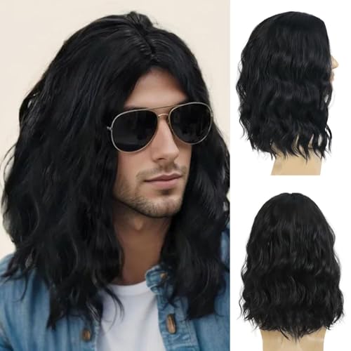 Men's 16-inch Black Curly Wavy Wig - Natural Short Style, Variation of Black