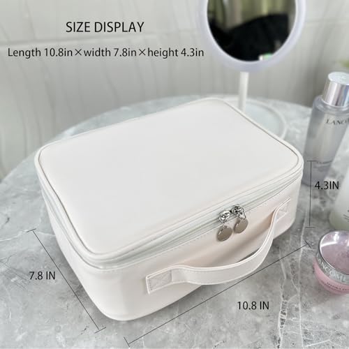 MKPCW Multifunctional Travel Makeup Bag Cosmetic Organizer with Removable Dividers, Brush Holder & Luggage Strap ? Waterproof Large Capacity Toiletry Pouch for Women, Gym, Daily Use (White)