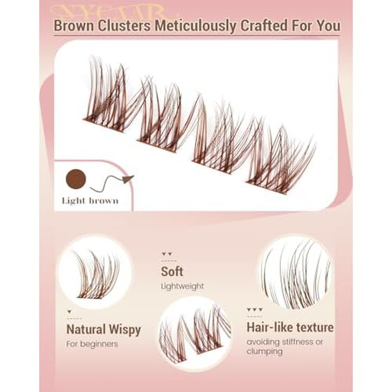 Lash Clusters Kit Brown Lash Clusters with White Clusters Glue and Clear Seal 8-16mm Wispy Cluster Eyelash Extension Kit D Curl 144pcs Brown Natural Lashes Cluster DIY Lash Extension Kit