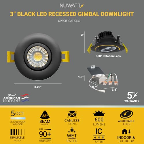 3 Inch Gimbal Recessed LED Light with CCT 2700K-5000K - 4 Pack