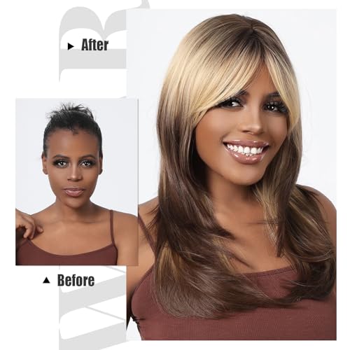 Long Blonde Brown Wigs for Women with Curtain Bangs - 24 Inch Synthetic Layered Cosplay & Daily Use