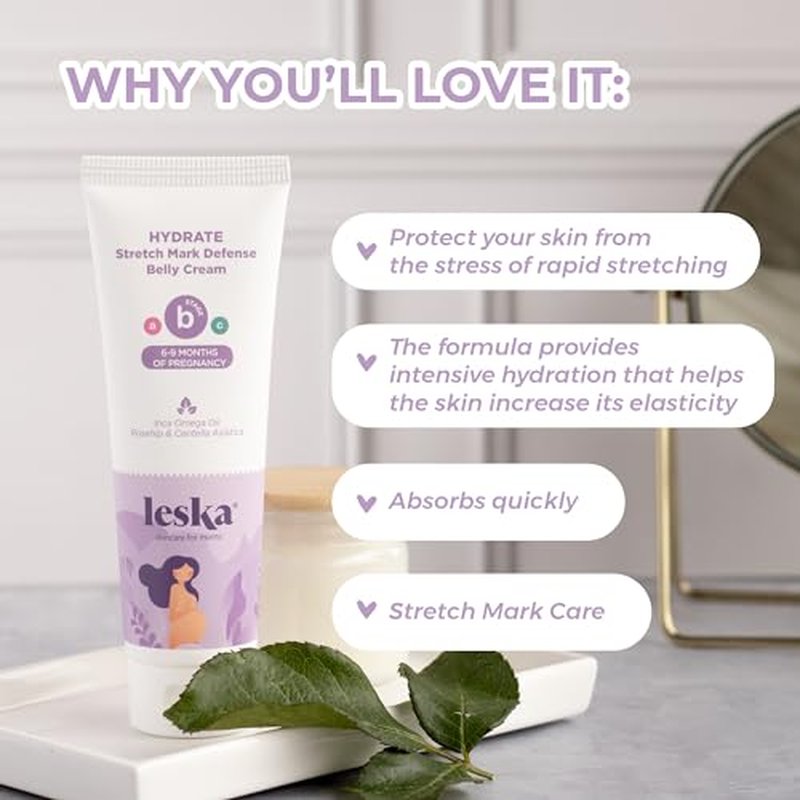 Leska Maternity Stretch Mark Cream | STAGE B: HYDRATE Stretch Mark Defense Belly Cream (Pregnancy Months 6-9) | Part of a Complete 3-Stage Pregnancy Skincare System | New Mom Gifts (4oz)