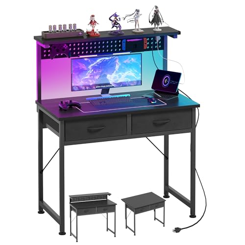 Small 31 Inch Gaming Desk with Drawers & Power Outlets - Black
