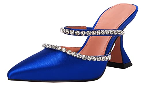 VETASTE Women's Blue Pointed Toe Strappy Satin Heeled Mules for Wedding & Party - Size 8