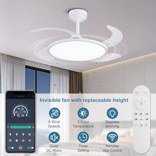 Retractable Ceiling Fan with Lights and Remote - 42 Inch White Fandelier with Dimmable Full Spectrum Light, Timer, Silent DC Motor