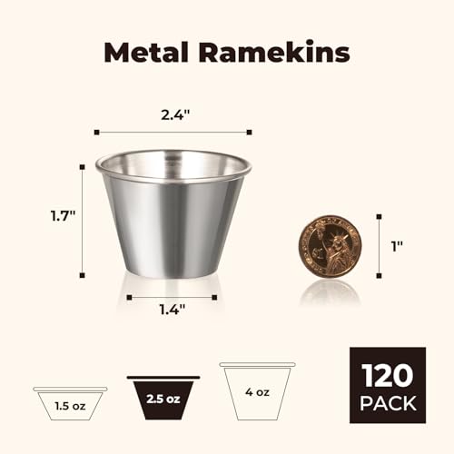 120 Pack Stainless Steel Dipping Sauce Cups 2.5 oz Reusable Condiment Ramekins
