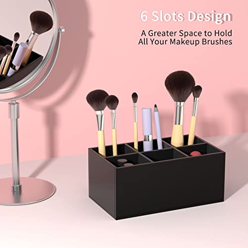 HIIMIEI Black Makeup Brush Holder Organizer Acrylic 6-Slots Cosmetic Brushes Storage Organizer for Vanity Countertop