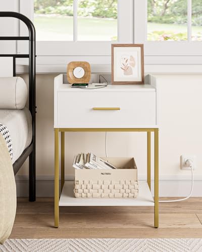 Masupu White Nightstand with Charging Station, 3-Tier Bedside Table with Drawer & Shelf